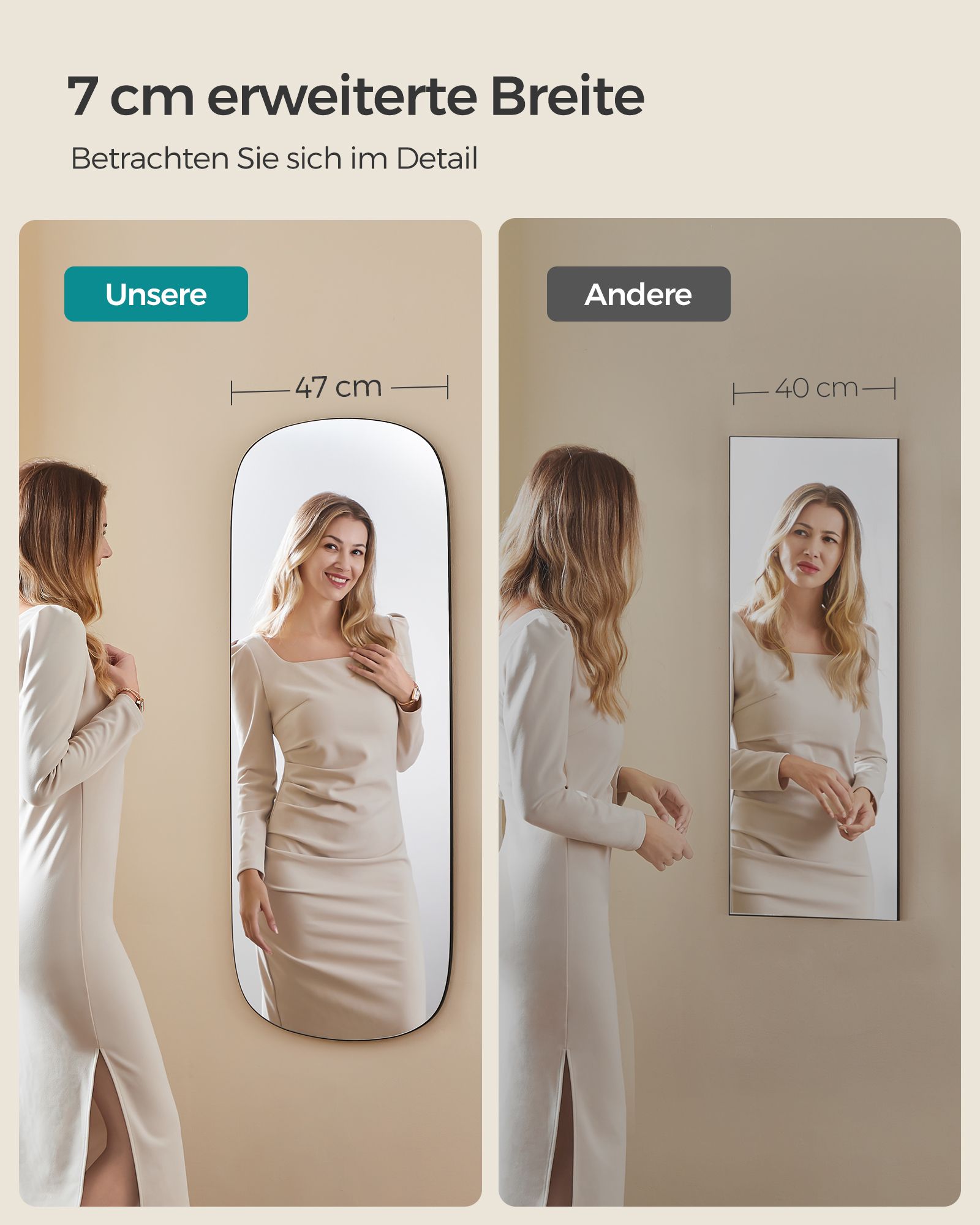 Spiegelwand - 120 x 47 cm - gebogene Ecke - Ramless