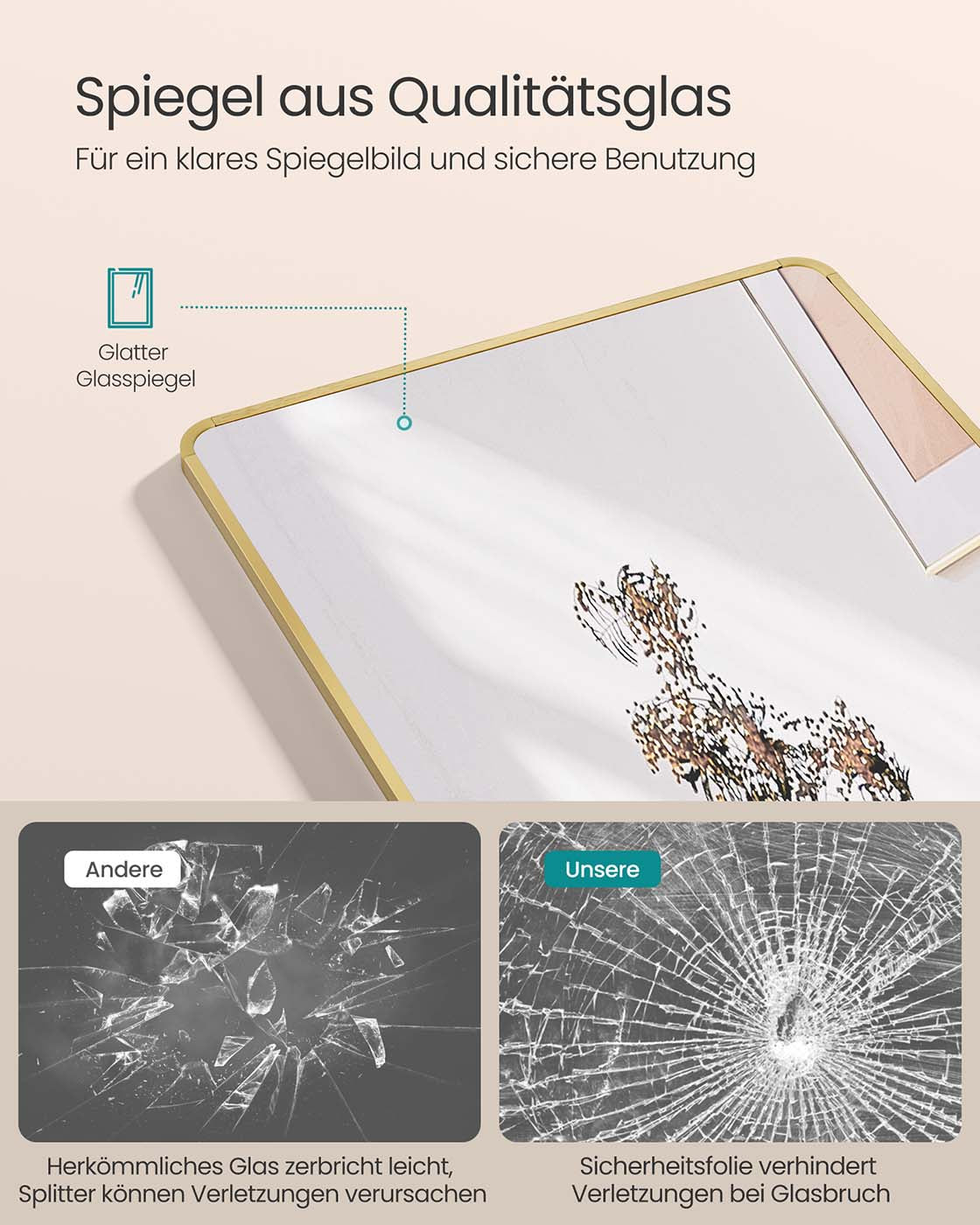 Rechteckiger Passspiegel 160 x 50 cm Licht Gold