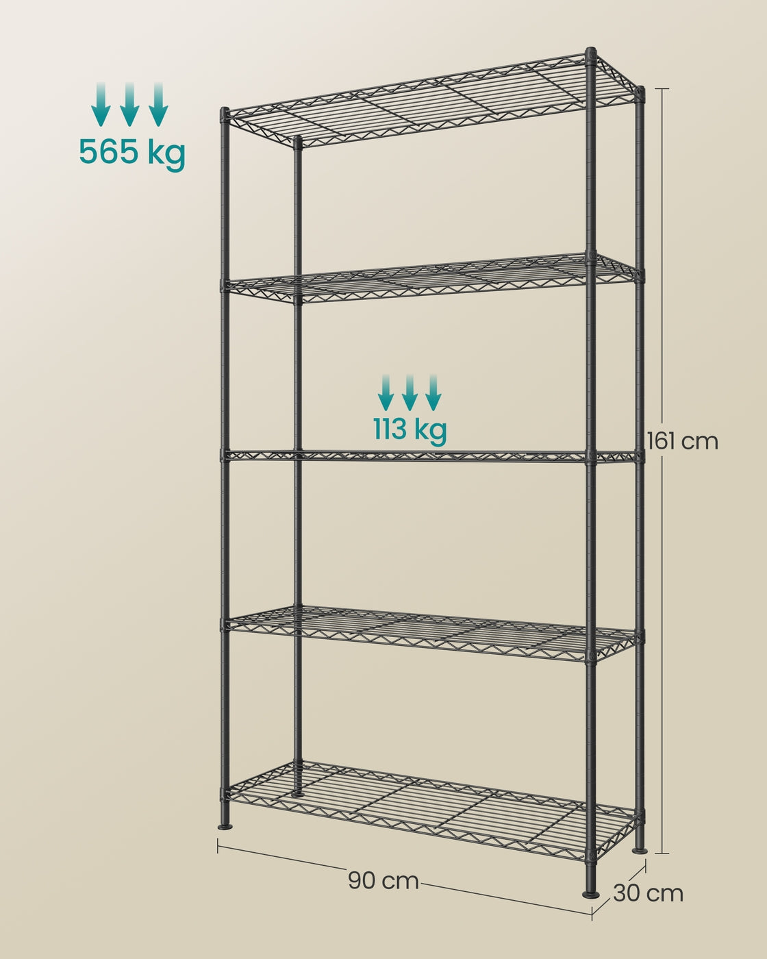 Plank - 30 x 90 x 161 cm - Inktzwart - Vrijstaand - 5 lagen - Maximale draagkracht 565 kg