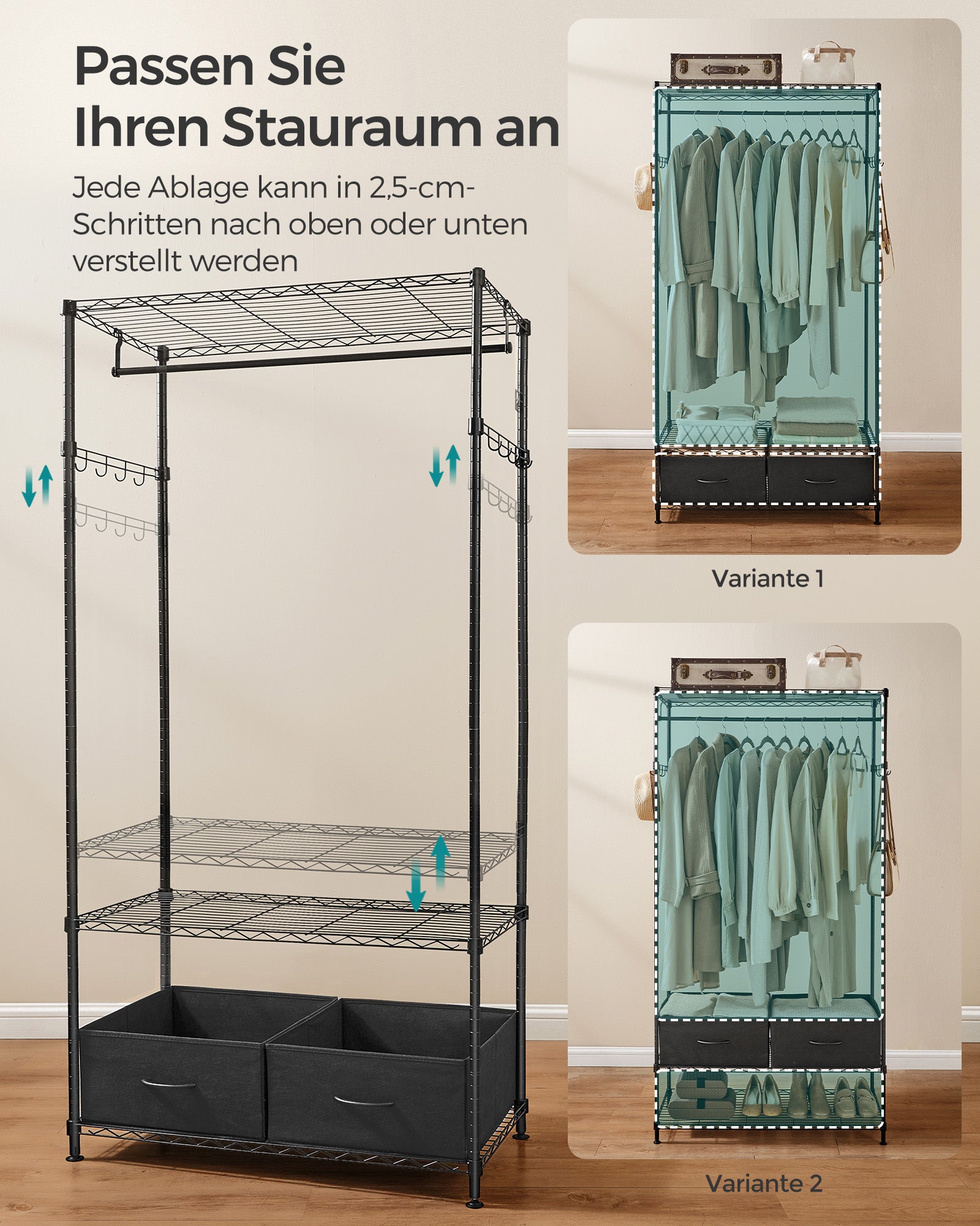 Kleidungsständer mit 2 Schubladen Tinte -Black