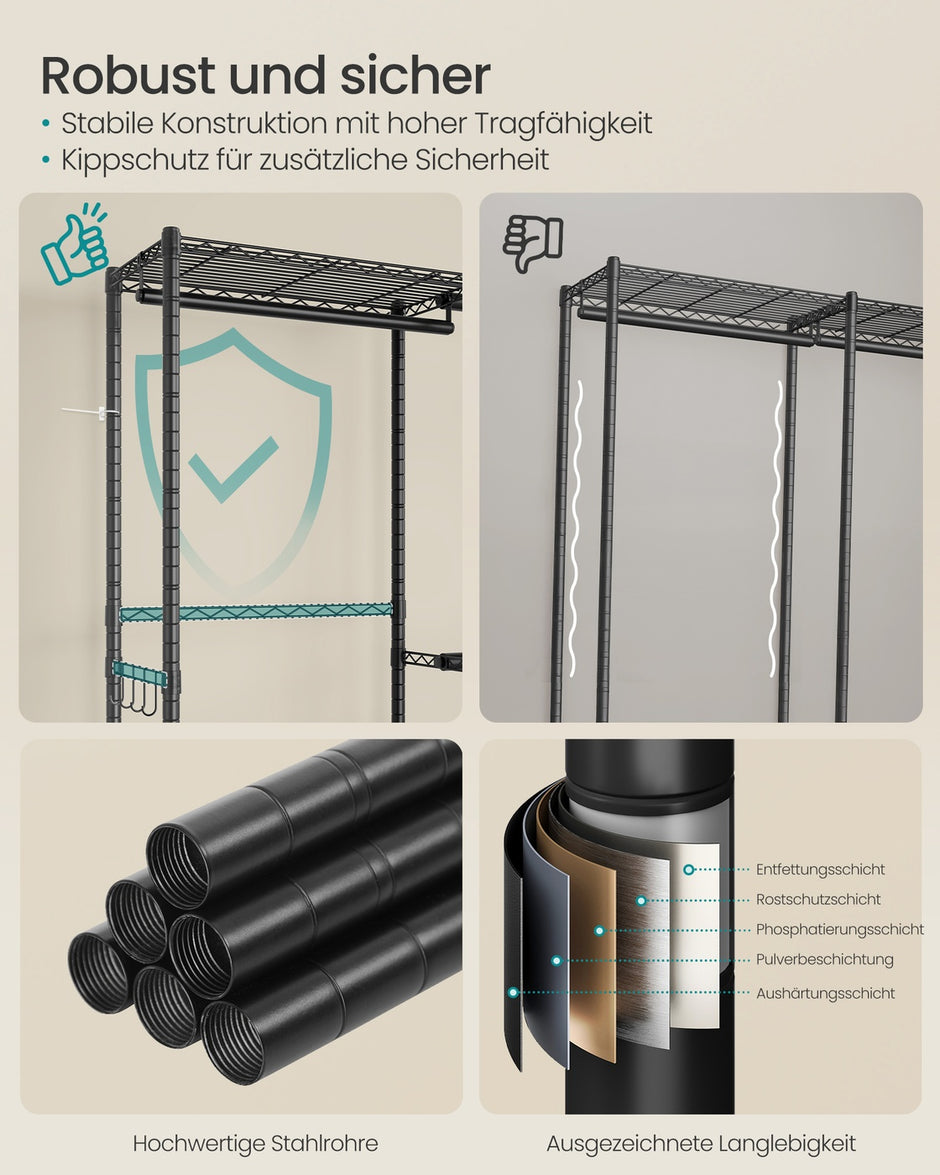 Kledingrek - 40 x (177-220) x 193 cm - Diepzwart - Staal - Maximale capaciteit 432 kg