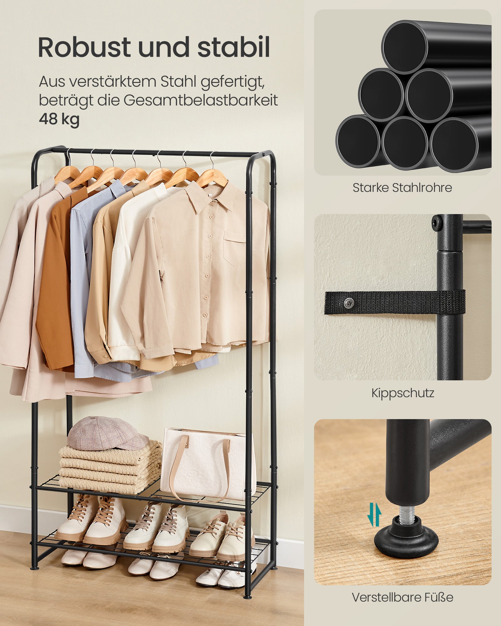 Kleidungsständer mit Regalen - 29 x 73 x 158,4 cm - Matt Schwarz - kompakt