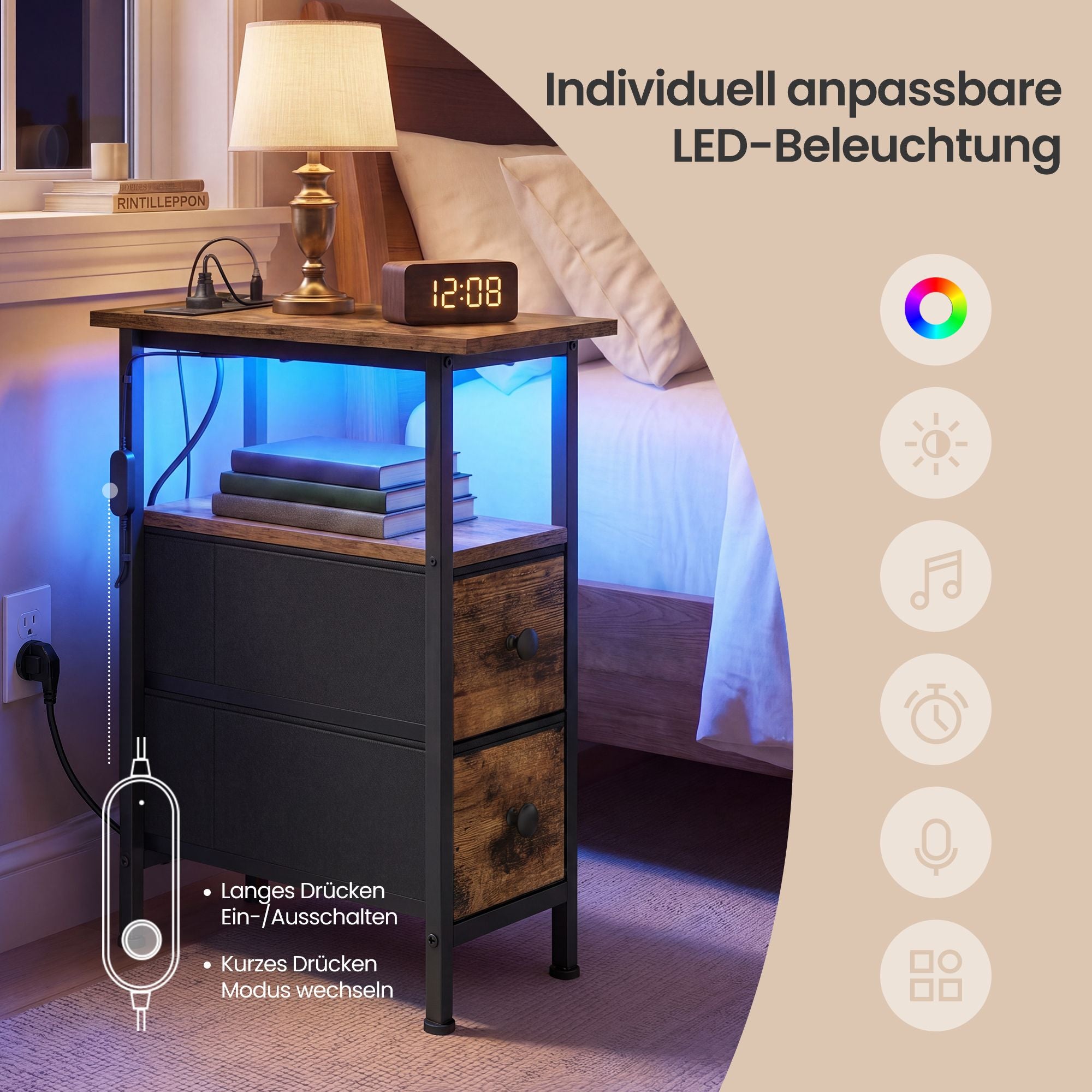 Bijzettafel - Ledverlichting - Met Stekkerdoos - 2 Lades - Bruin