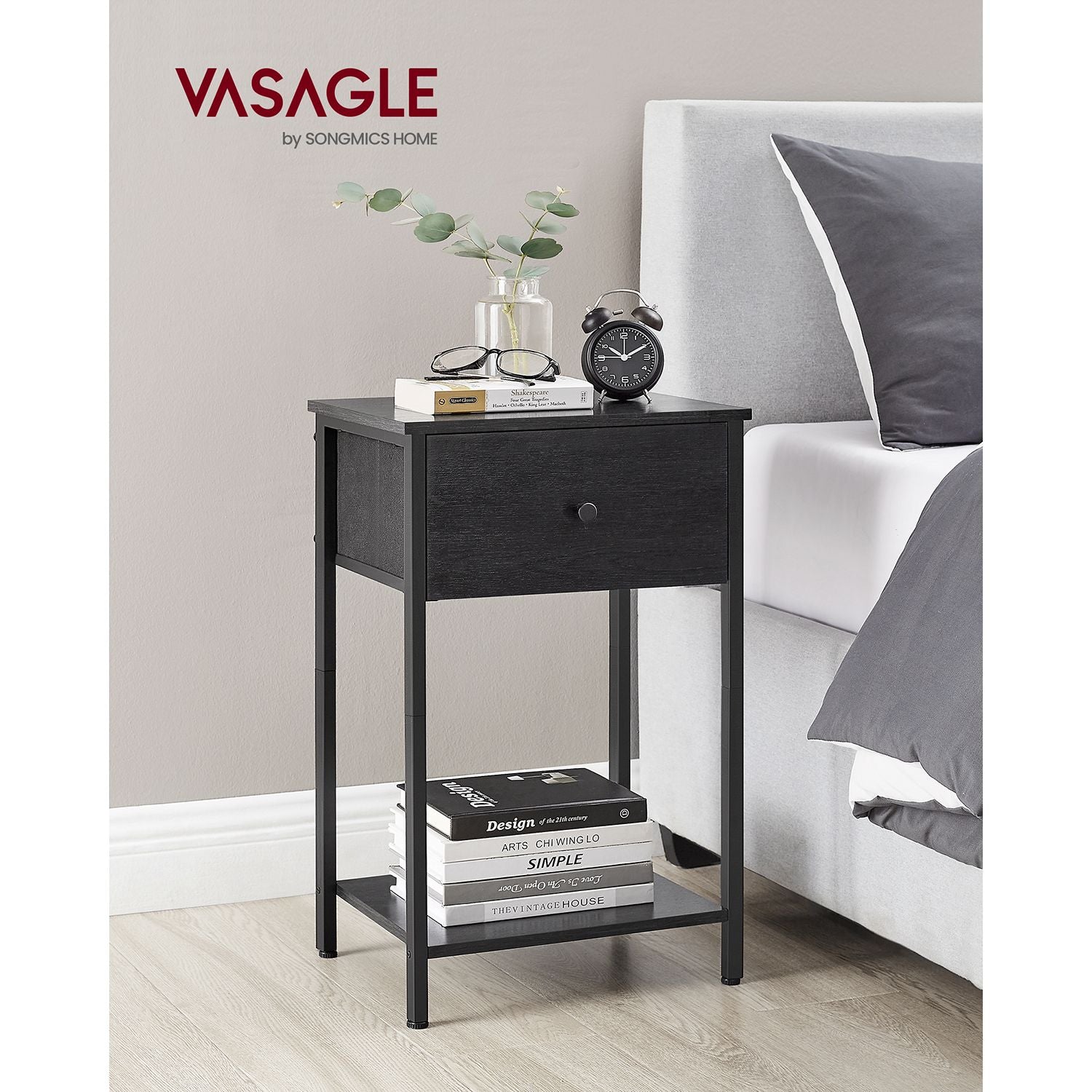 Nachttisch - Stoffschublade - Schwarzes Regal