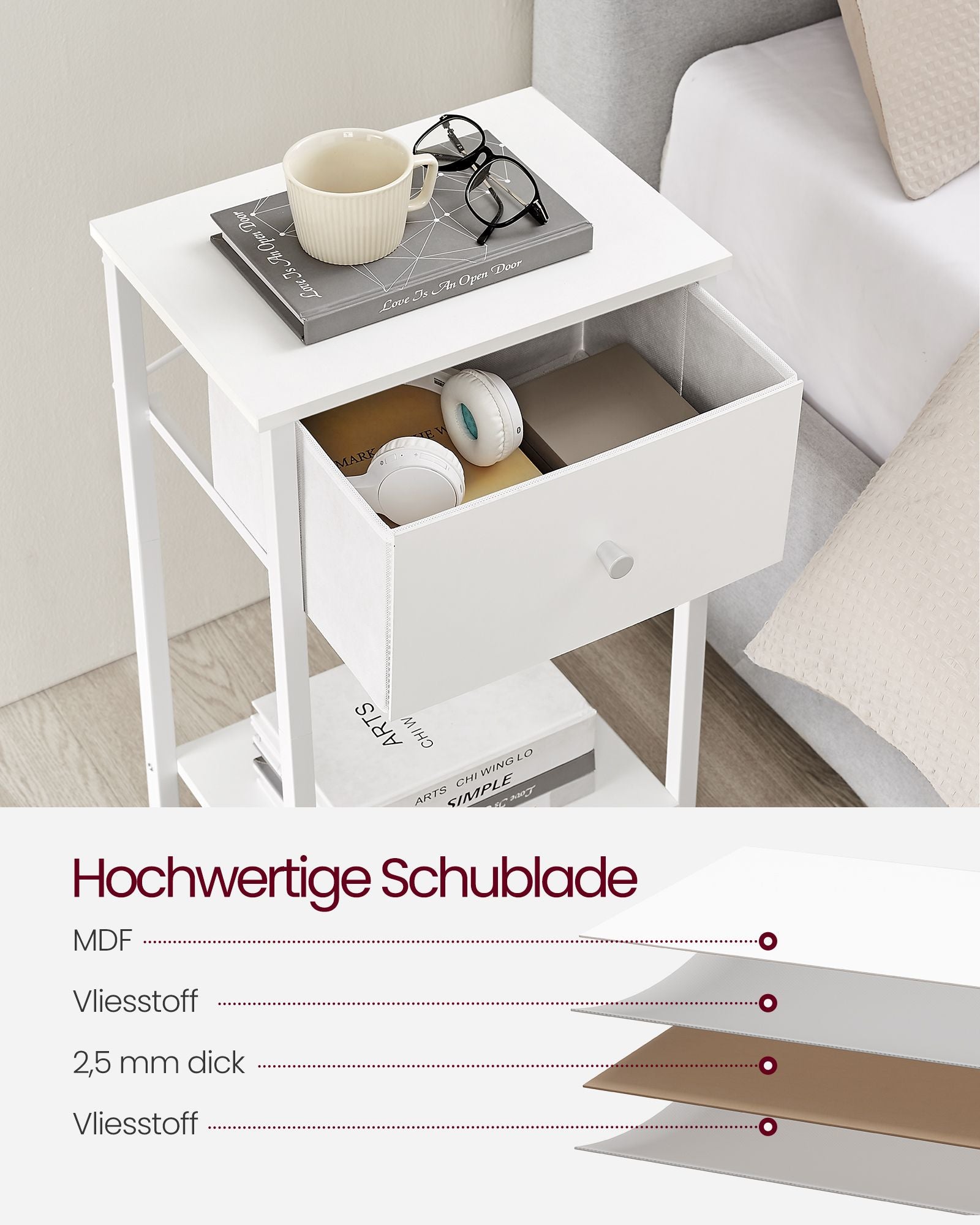 Seitentisch - mit Stoffschublade - Weiß