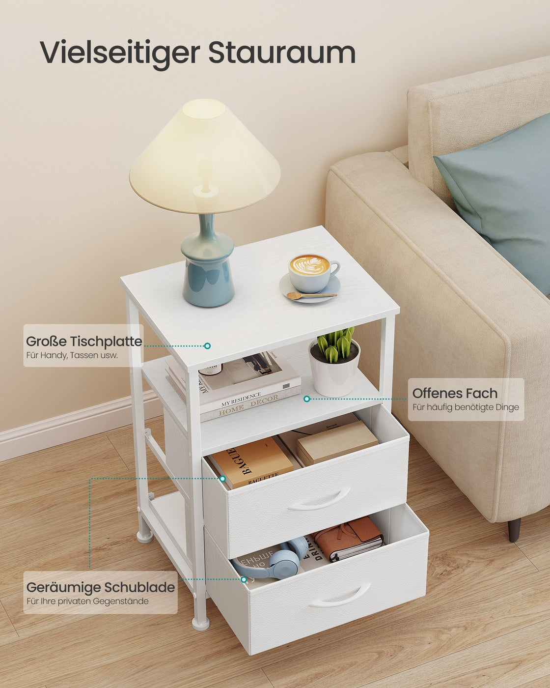 Nachtkastje – 2 Stoffen Lades en Open Plank – Stalen Frame – Wolkwit