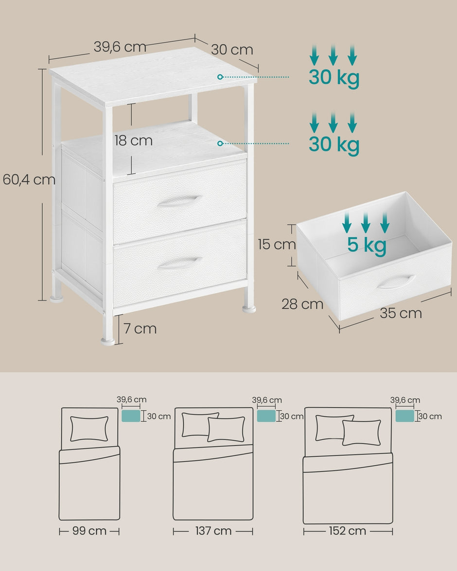 Nachtkastje – 2 Stoffen Lades en Open Plank – Stalen Frame – Wolkwit