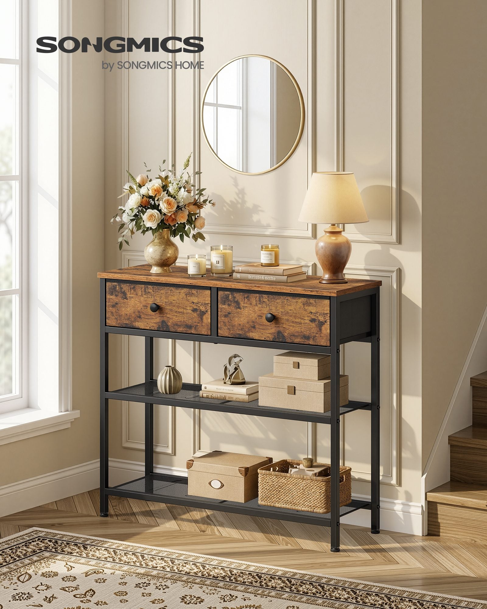 Consoletafel - 76 cm Breed - 2 Stoffen Lades - Smal - Vintage Bruin