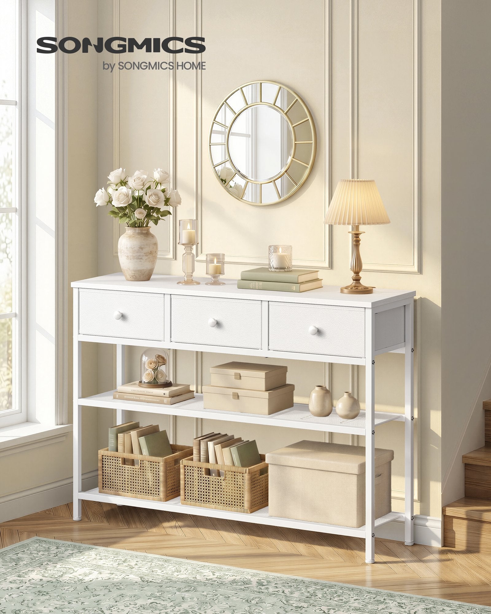 Consoletafel - 99 cm Breed - 3 Stoffen Lades - Smal - Wolkenwit
