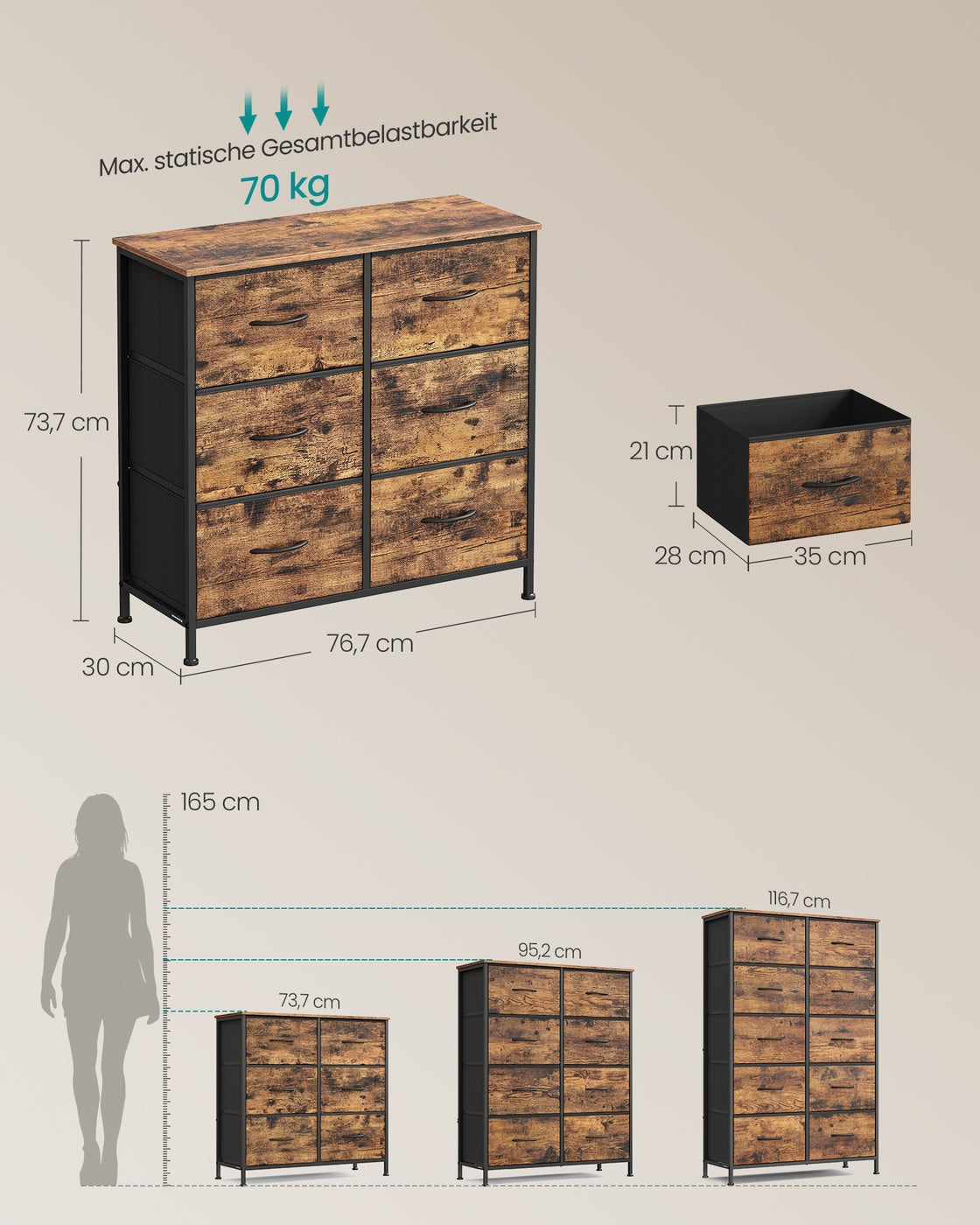 Ladekast met 6 stoffen lades - Vintage bruin - Inktzwart - Warme look
