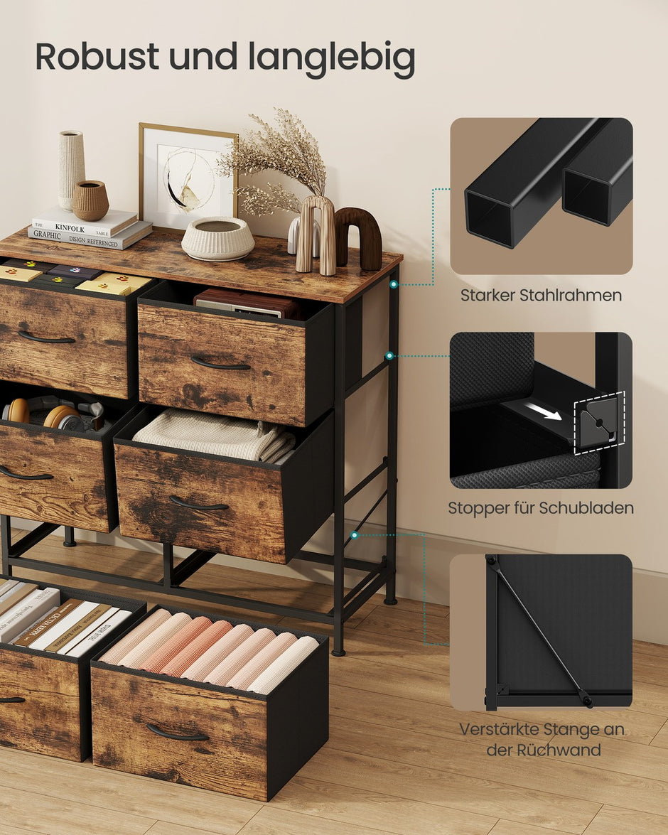 Ladekast met 6 stoffen lades - Vintage bruin - Inktzwart - Warme look
