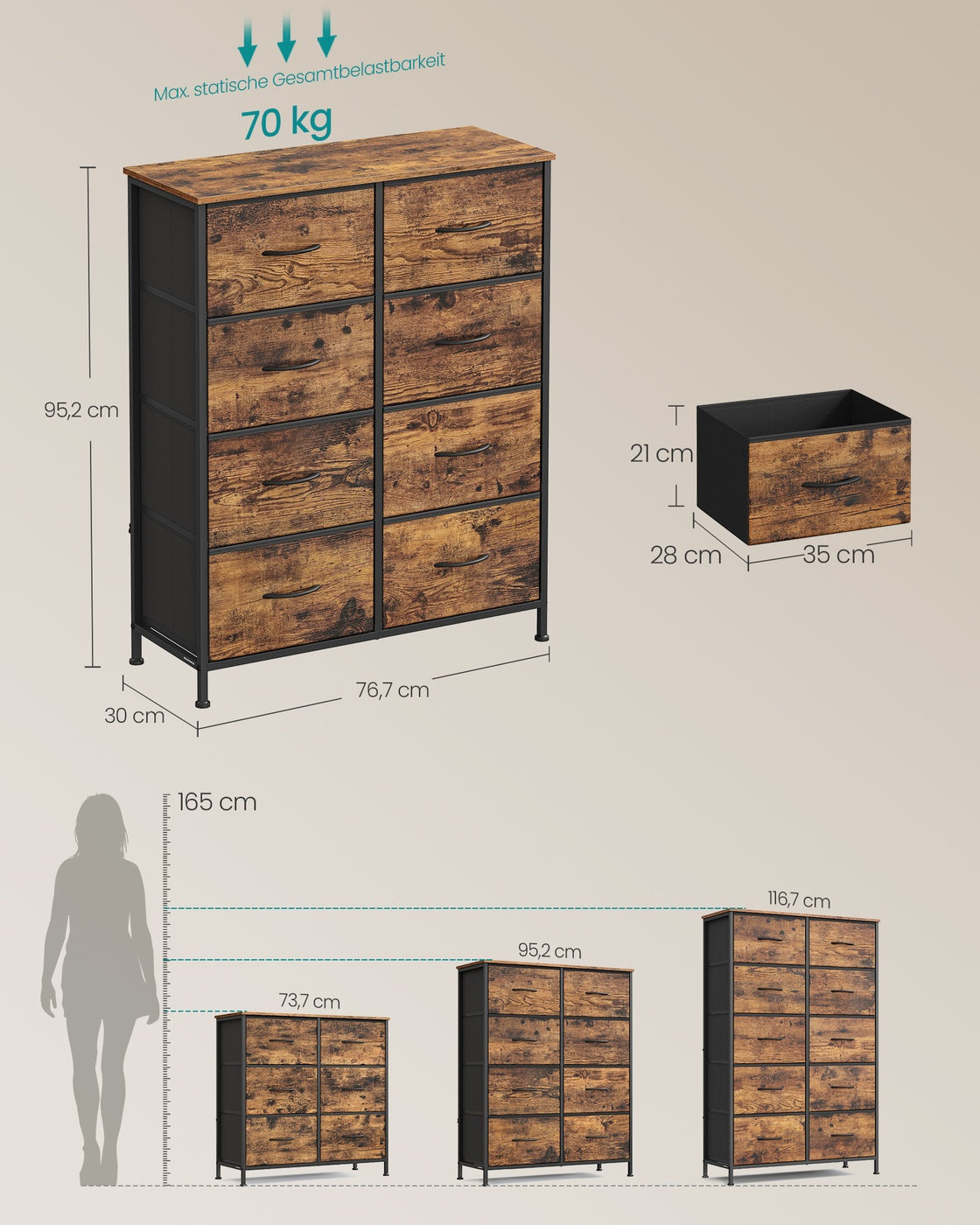 Ladekast met 8 stoffen lades - Vintage bruin - Inktzwart - Extra opbergruimte