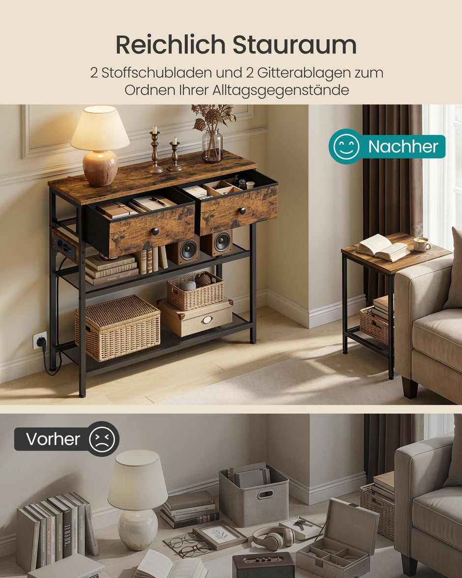 Consoletafel - 76,7 x 30 x 78,7 cm - 3 lades - vintage bruin - max belasting bovenpaneel 30 kg - max belasting draadplank 15 kg - max belasting lade 5 kg