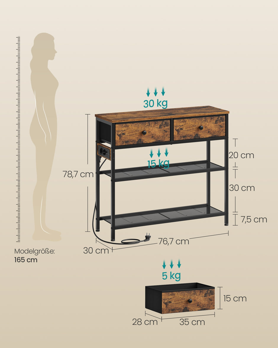 Consoletafel - 76,7 x 30 x 78,7 cm - 3 lades - vintage bruin - max belasting bovenpaneel 30 kg - max belasting draadplank 15 kg - max belasting lade 5 kg