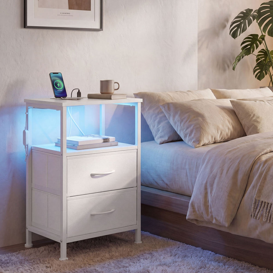 Nachtkastje - Set van 2 - Ledverlichting - Met Oplaadstation - Wit