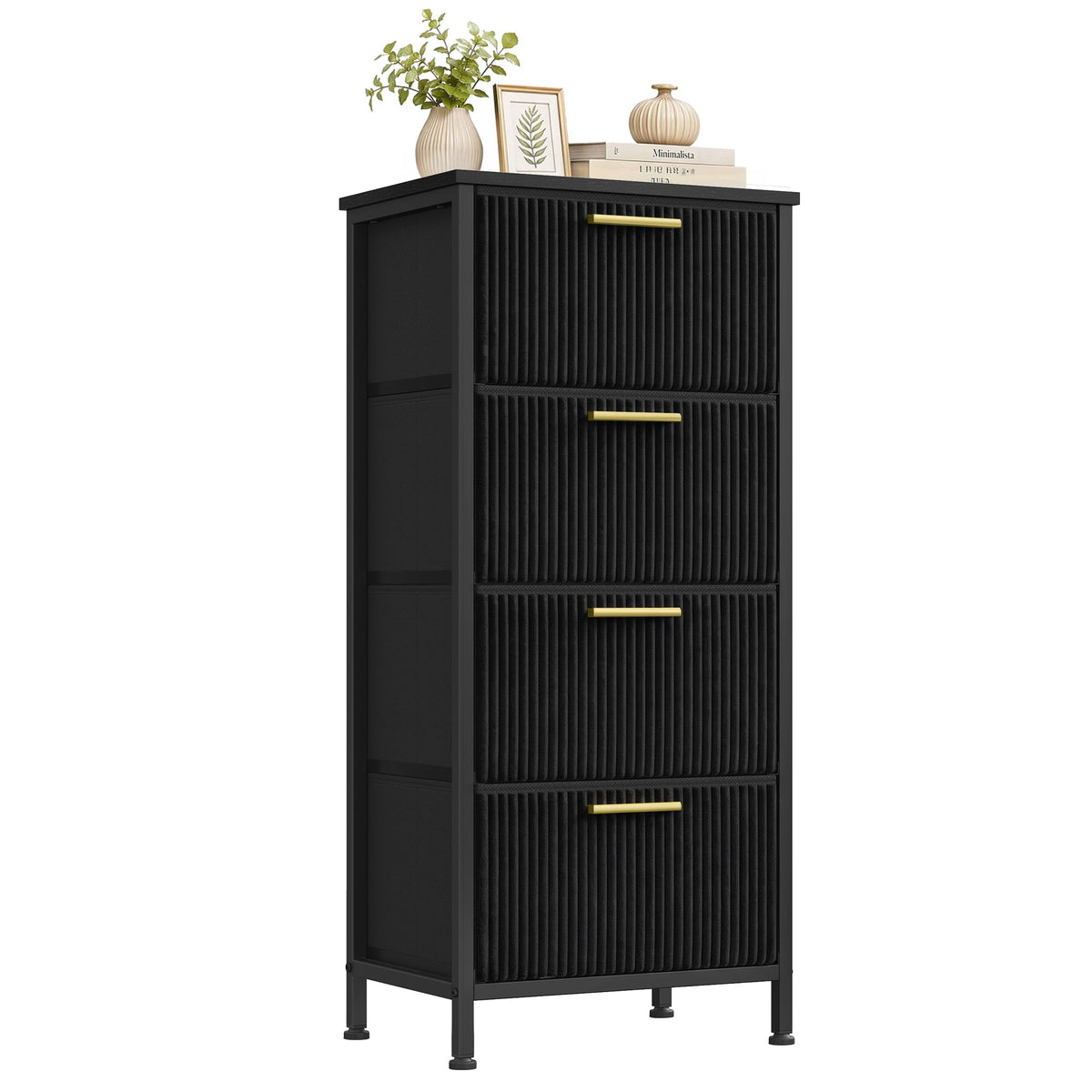 Smalle Ladekast – 4 Stoffen Lades – Stalen Frame – 96 cm Hoog – Inktzwart