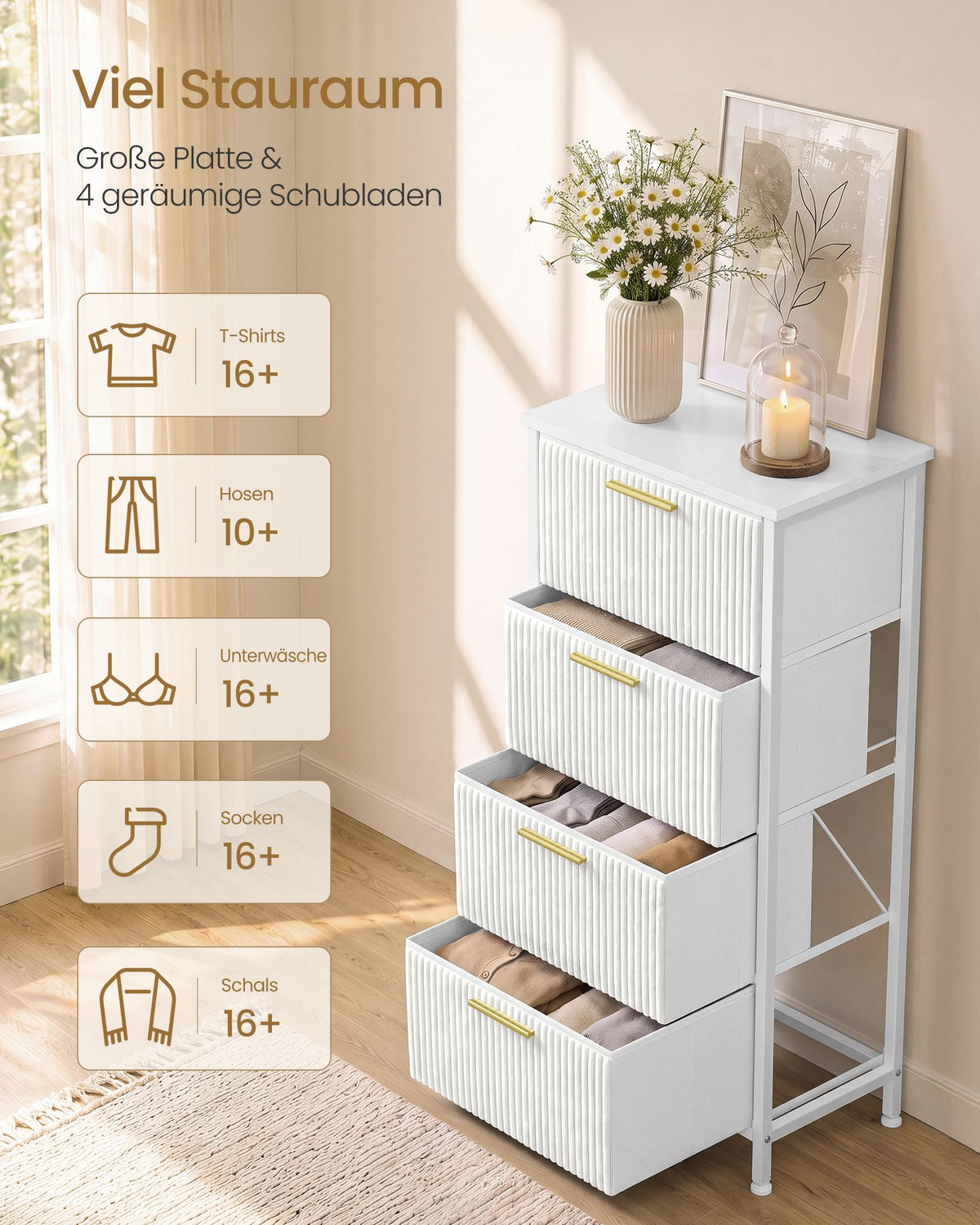 Smalle Ladekast – 4 Stoffen Lades – Stalen Frame – 96 cm Hoog – Sneeuwwit