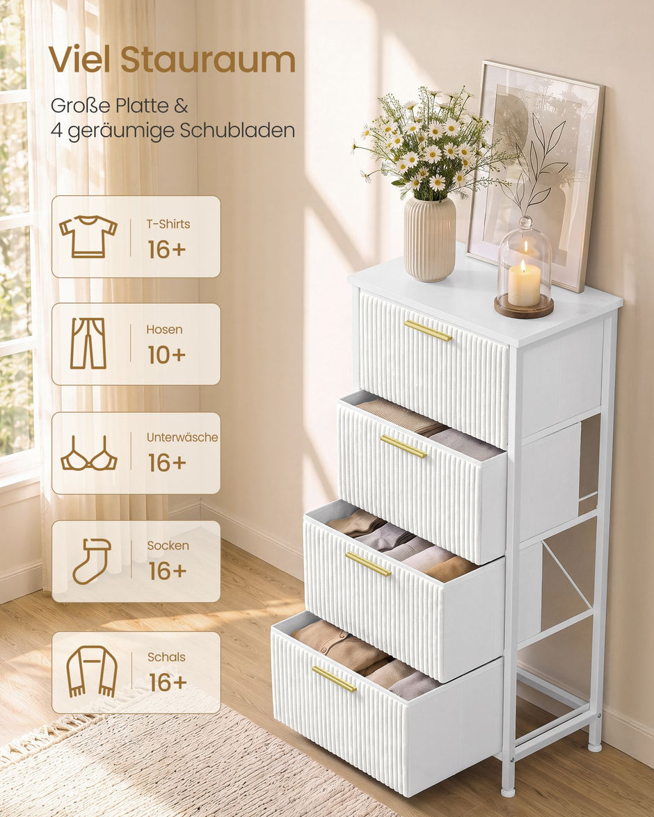 Smalle Ladekast – 4 Stoffen Lades – Stalen Frame – 96 cm Hoog – Sneeuwwit