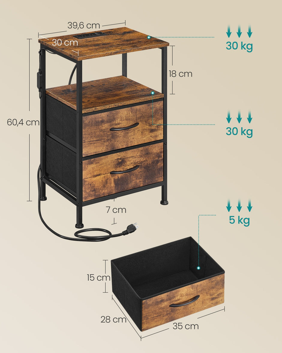 Nachtkastje - Ledverlichting - Met Oplaadstation - 2 Lades - Vintage Bruin-Zwart