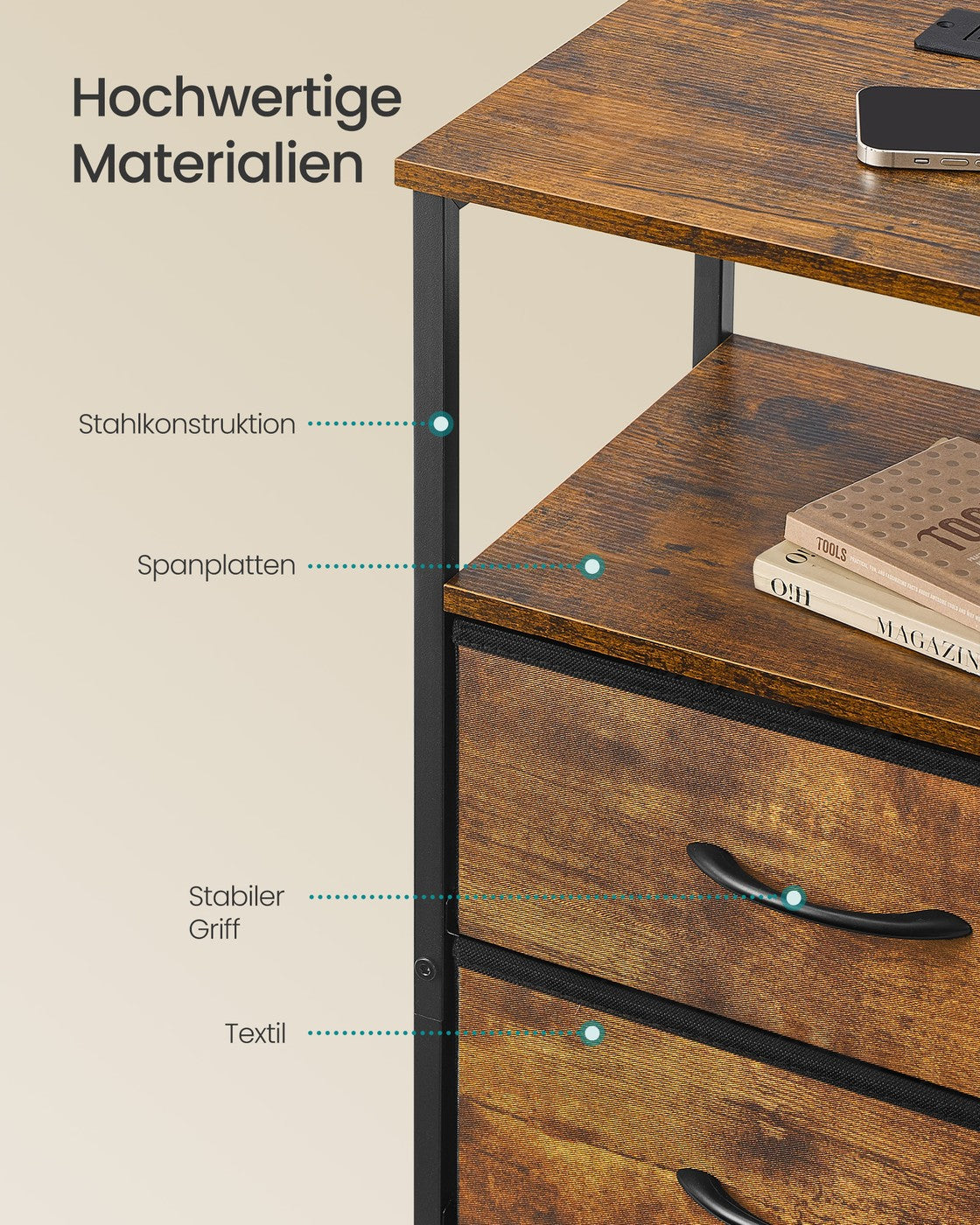 Nachtkastje - Ledverlichting - Met Oplaadstation - 2 Lades - Vintage Bruin-Zwart