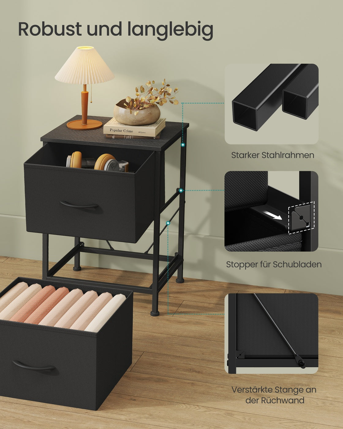 Nachtkastje met 4 lades – Inkt Zwart - Modern Design - MDF en Spaanplaat