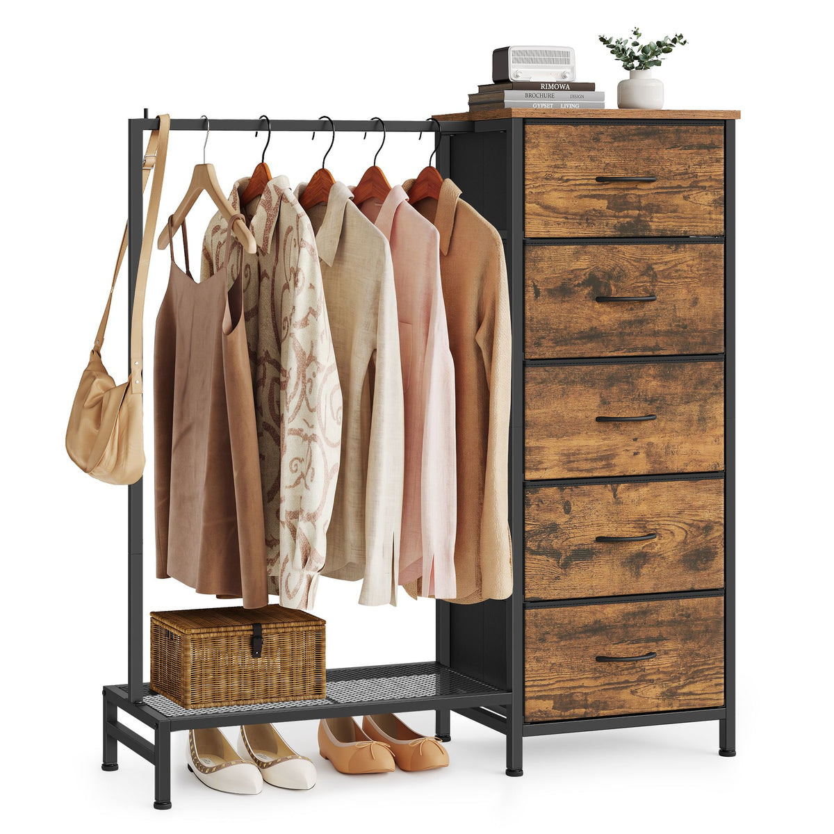 Ladekast - Met Stoffen Schuifladen en Metalen Frame - Rustiek bruin - 96,2 x 30 x 117,7 cm