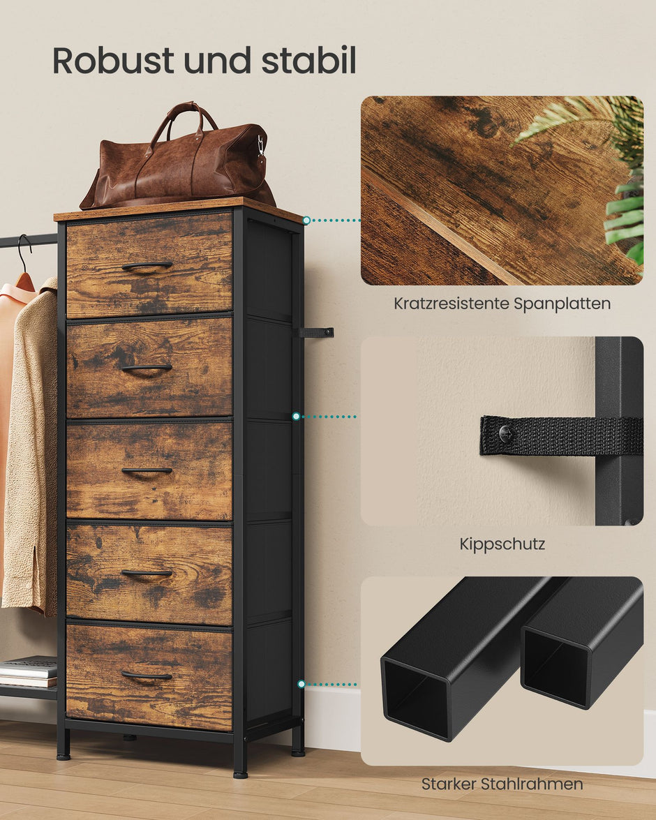 Ladekast - Met Stoffen Schuifladen en Metalen Frame - Rustiek bruin - 96,2 x 30 x 117,7 cm