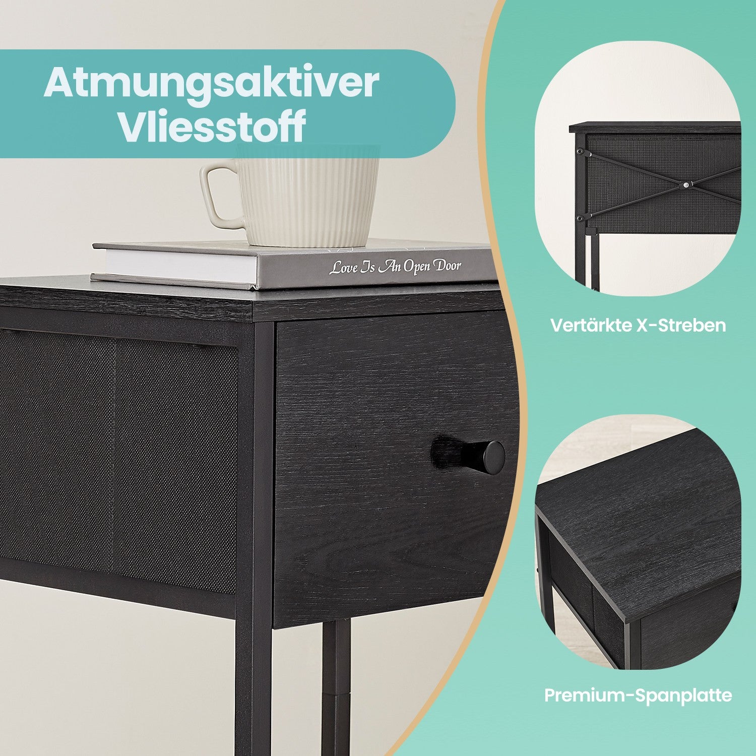 Seitentisch, Nachttisch, mit Regal und Stoffschublade