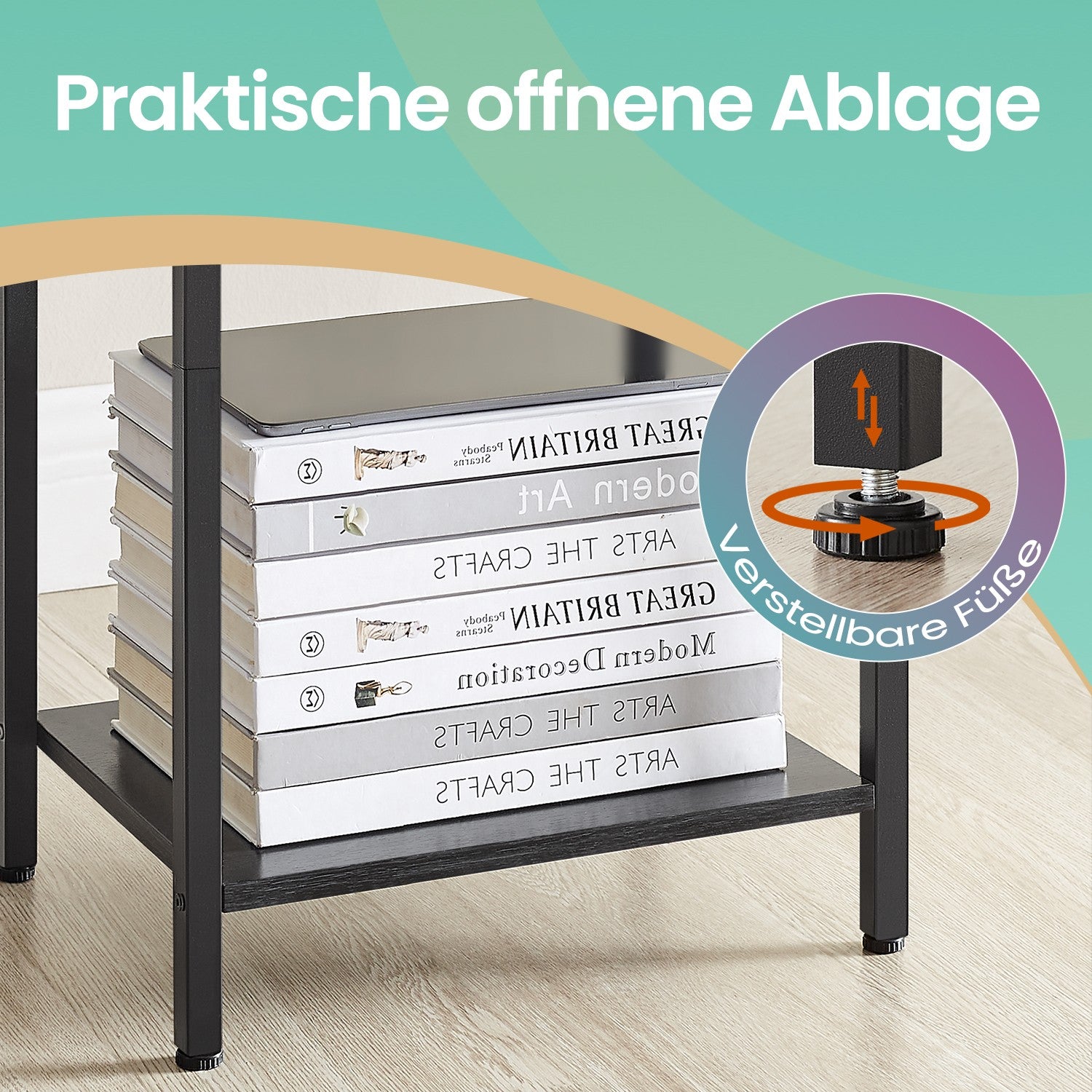 Seitentisch, Nachttisch, mit Regal und Stoffschublade
