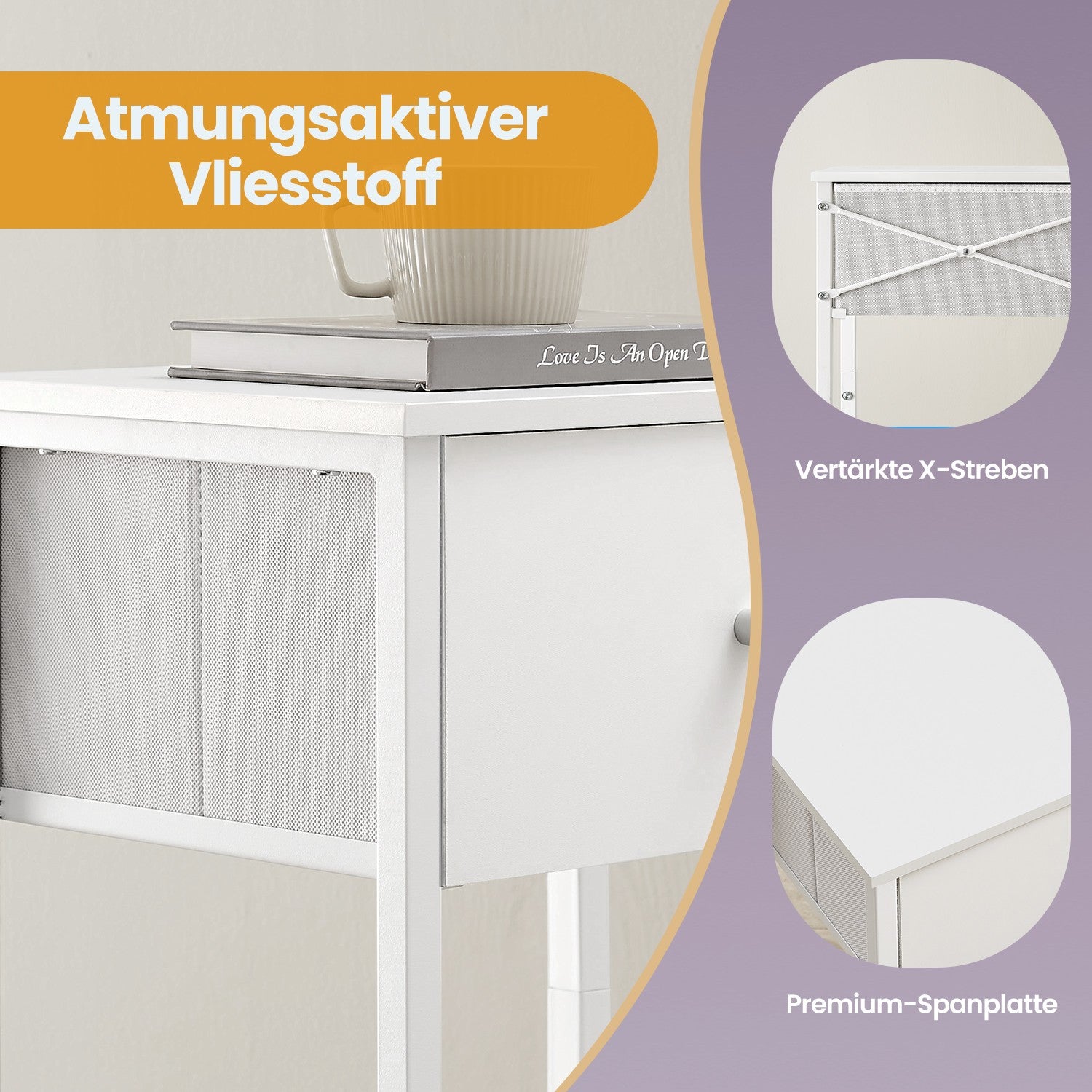 Seitentisch, Nachttisch, mit Regal und Stoffschublade