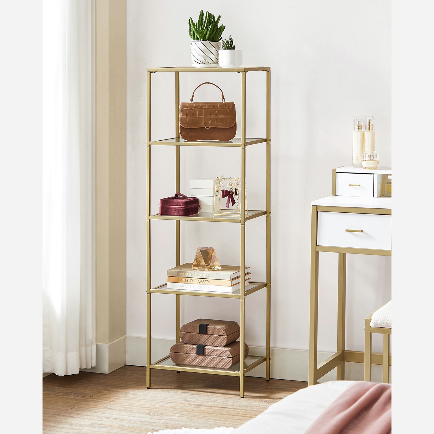Bücherregal - Stehplanke - Badezimmerschrank - 5 Level - Stahlrahmen - Gold