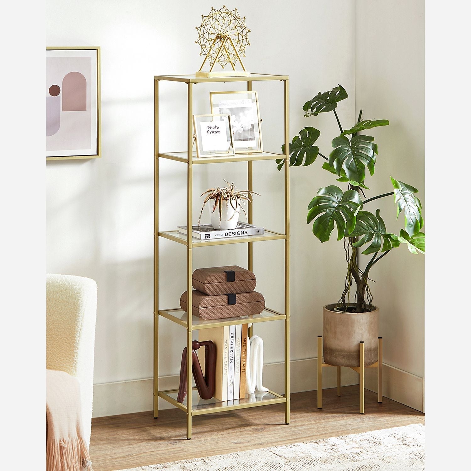 Bücherregal - Stehplanke - Badezimmerschrank - 5 Level - Stahlrahmen - Gold
