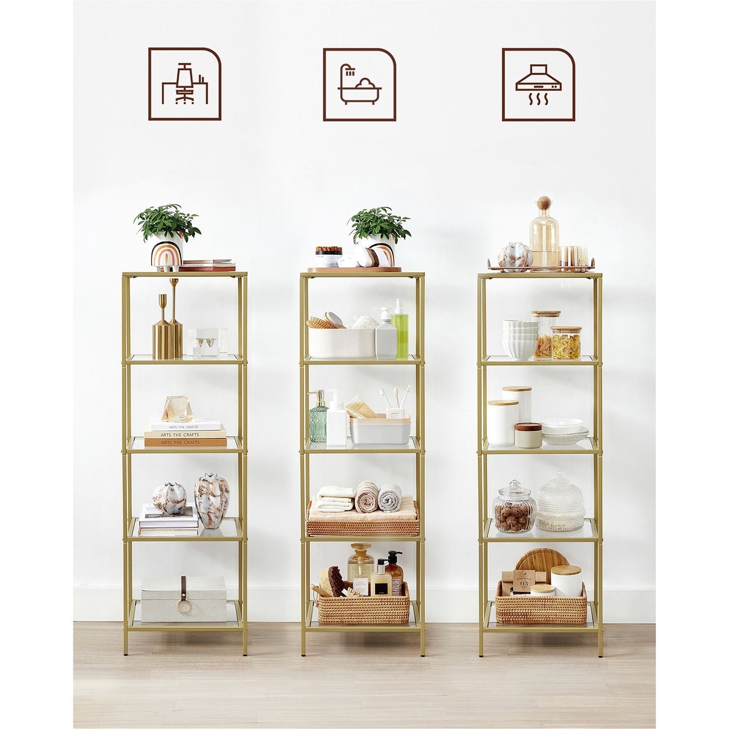 Bücherregal - Stehplanke - Badezimmerschrank - 5 Level - Stahlrahmen - Gold