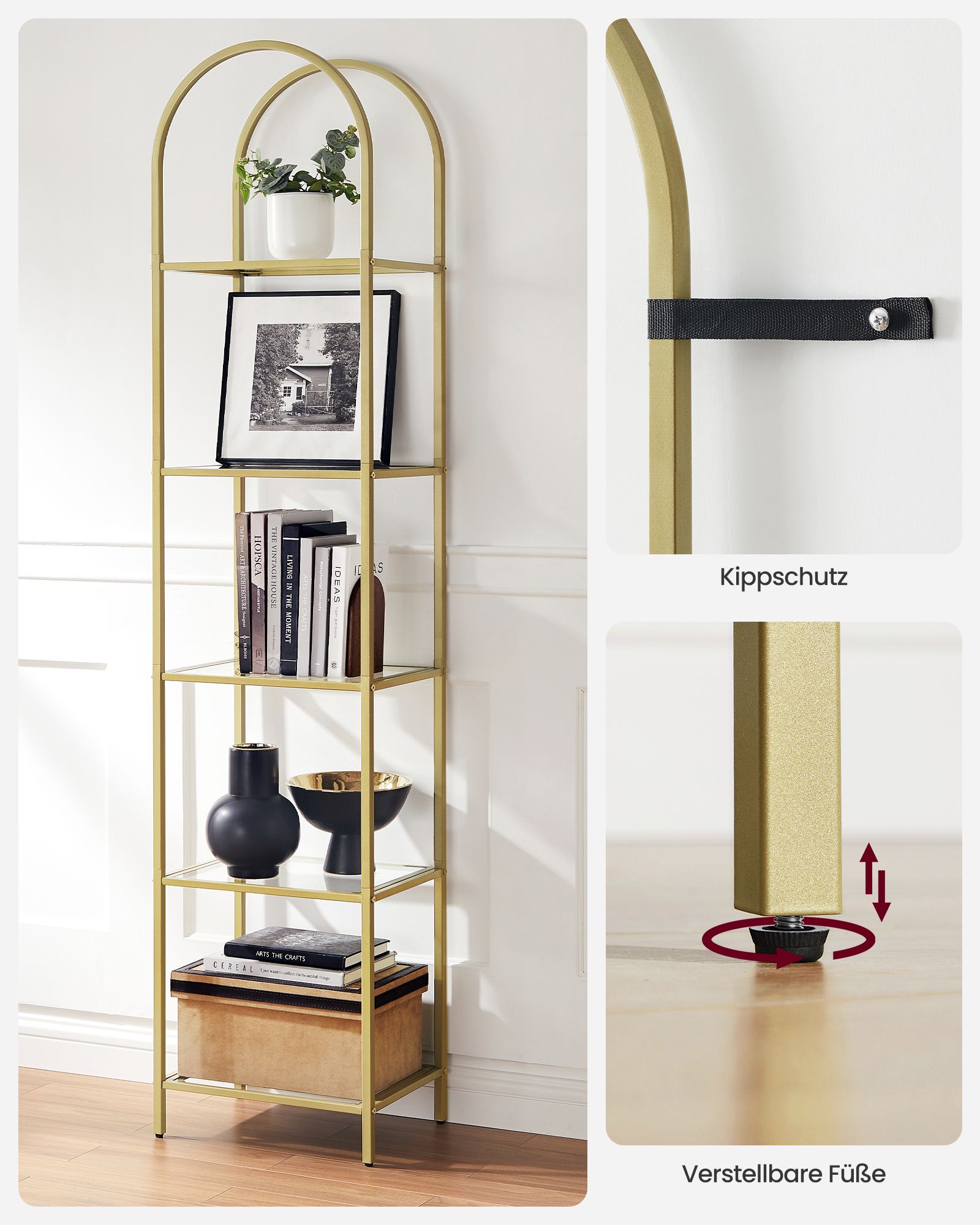 Bücherregal-5-Stufen-Bend-Metallstruktur-goldenfarbene transparent