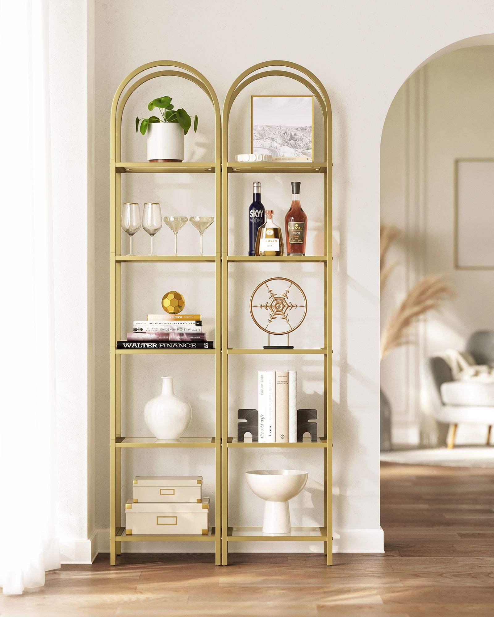Bücherregal-5-Stufen-Bend-Metallstruktur-goldenfarbene transparent