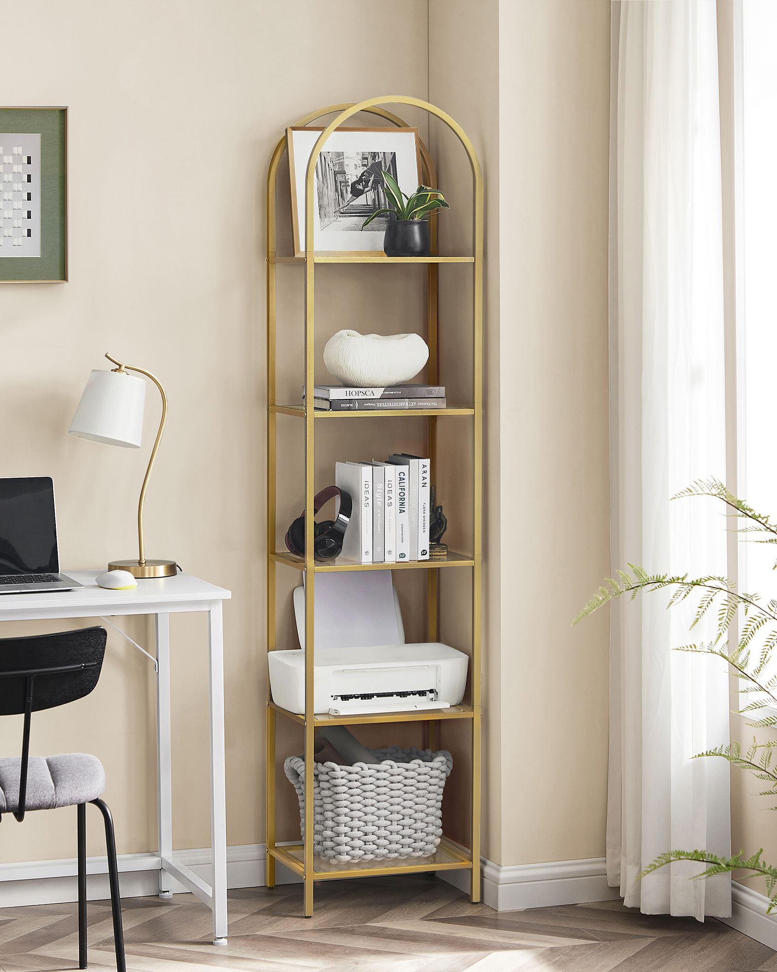 Bücherregal-5-Stufen-Bend-Metallstruktur-goldenfarbene transparent