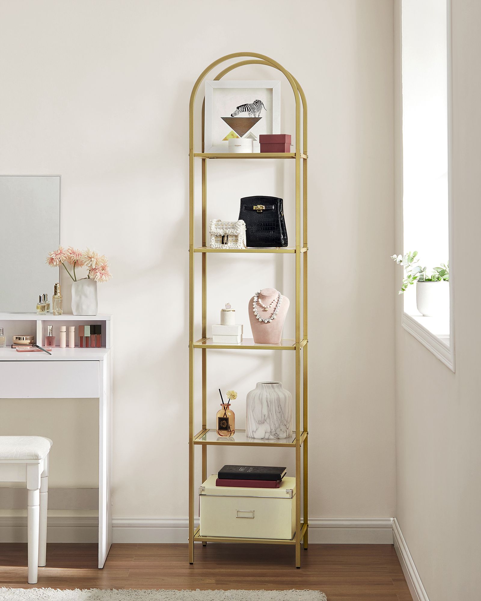 Bücherregal-5-Stufen-Bend-Metallstruktur-goldenfarbene transparent
