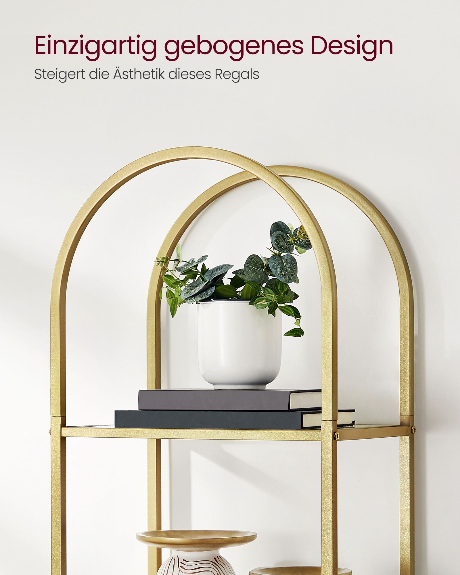 Bücherregal-5-Stufen-Bend-Metallstruktur-goldenfarbene transparent