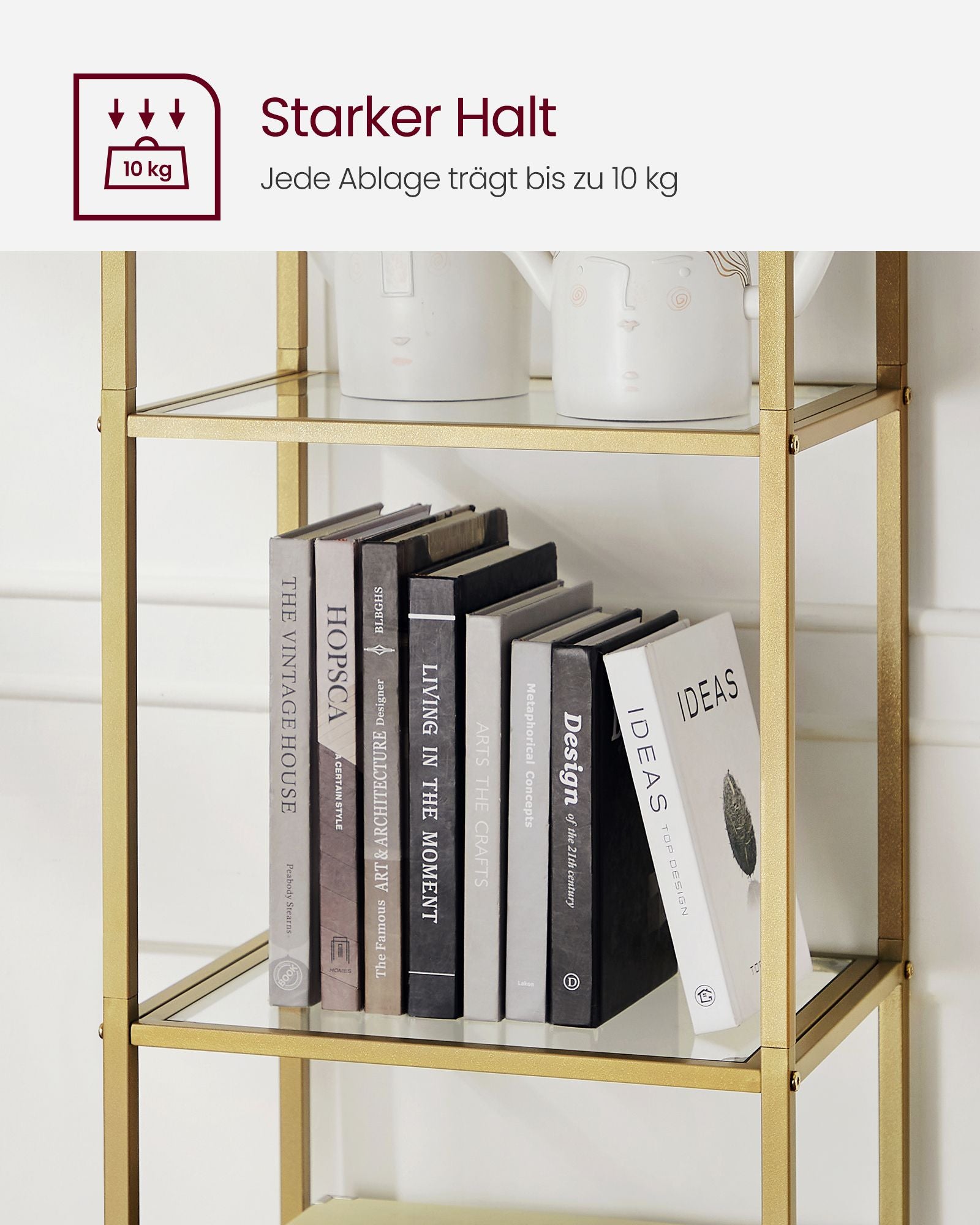 Bücherregal-5-Stufen-Bend-Metallstruktur-goldenfarbene transparent