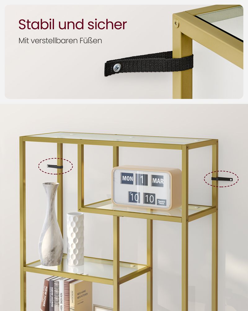 Bücherregal - Aufbewahrungsschrank - mit 6 Regalen - Metallrahmen - Glasspiegel - Gold