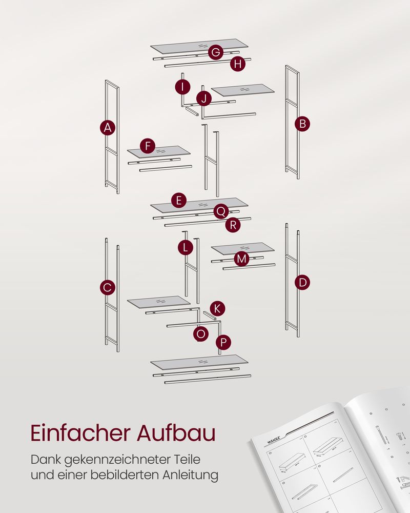 Bücherregal - Aufbewahrungsschrank - mit 6 Regalen - Metallrahmen - Glasspiegel - Gold