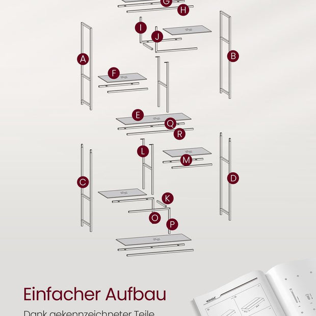 Bücherregal - Aufbewahrungsschrank - mit 6 Regalen - Metallrahmen - Glasspiegel - Gold