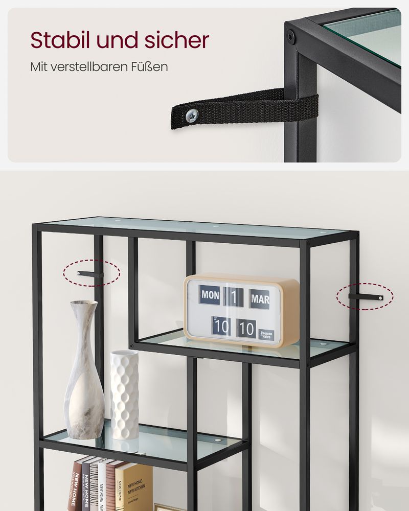 Bücherregal - Aufbewahrungsschrank - mit 6 Regalen - Metallrahmen - Glasspiegel - Schwarz