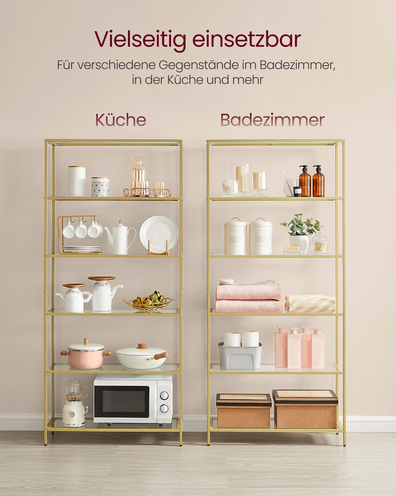 Badezimmerregal - geschmittertes Glas - transparent - Metallic Gold