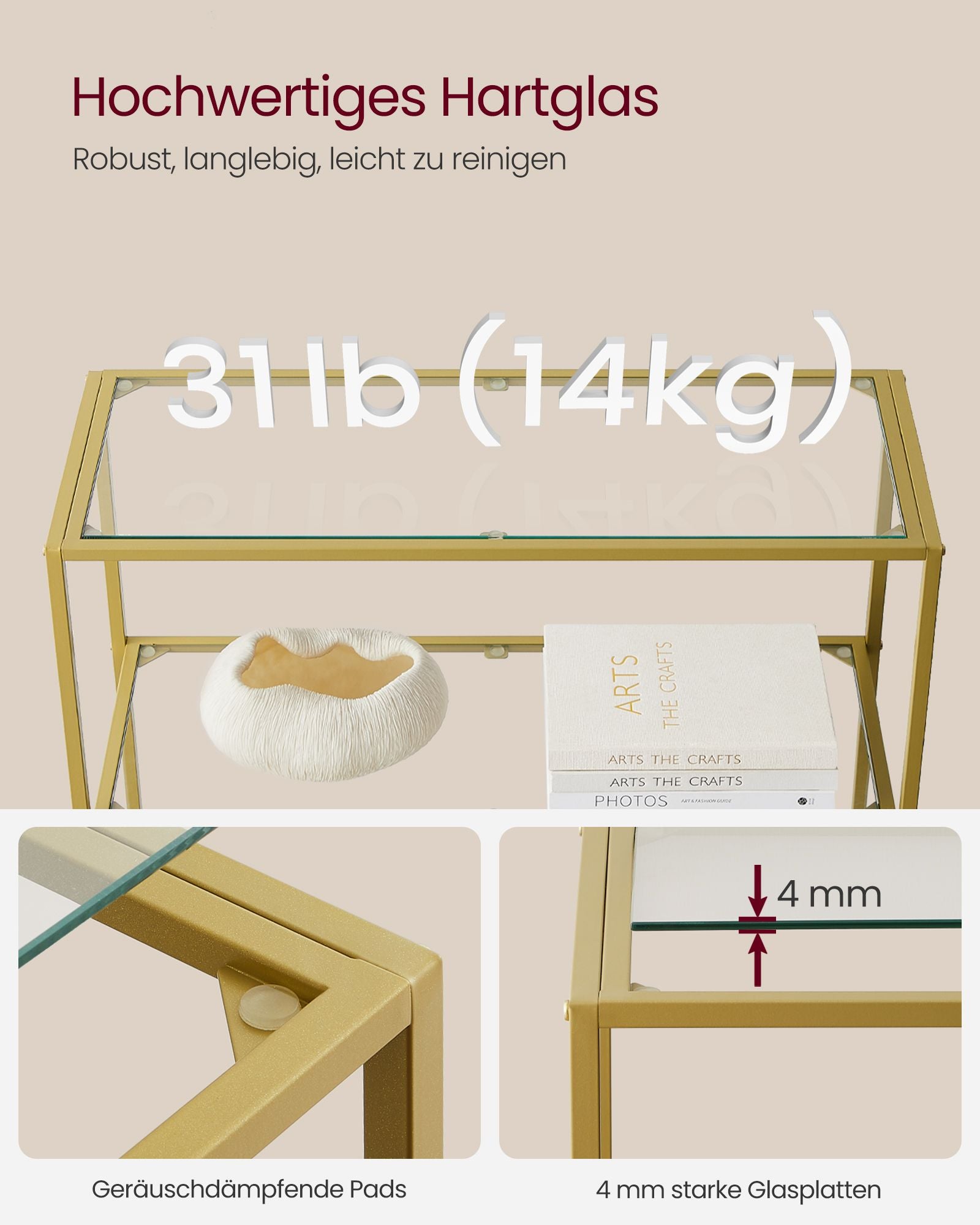 Badezimmerregal - geschmittertes Glas - transparent - Metallic Gold