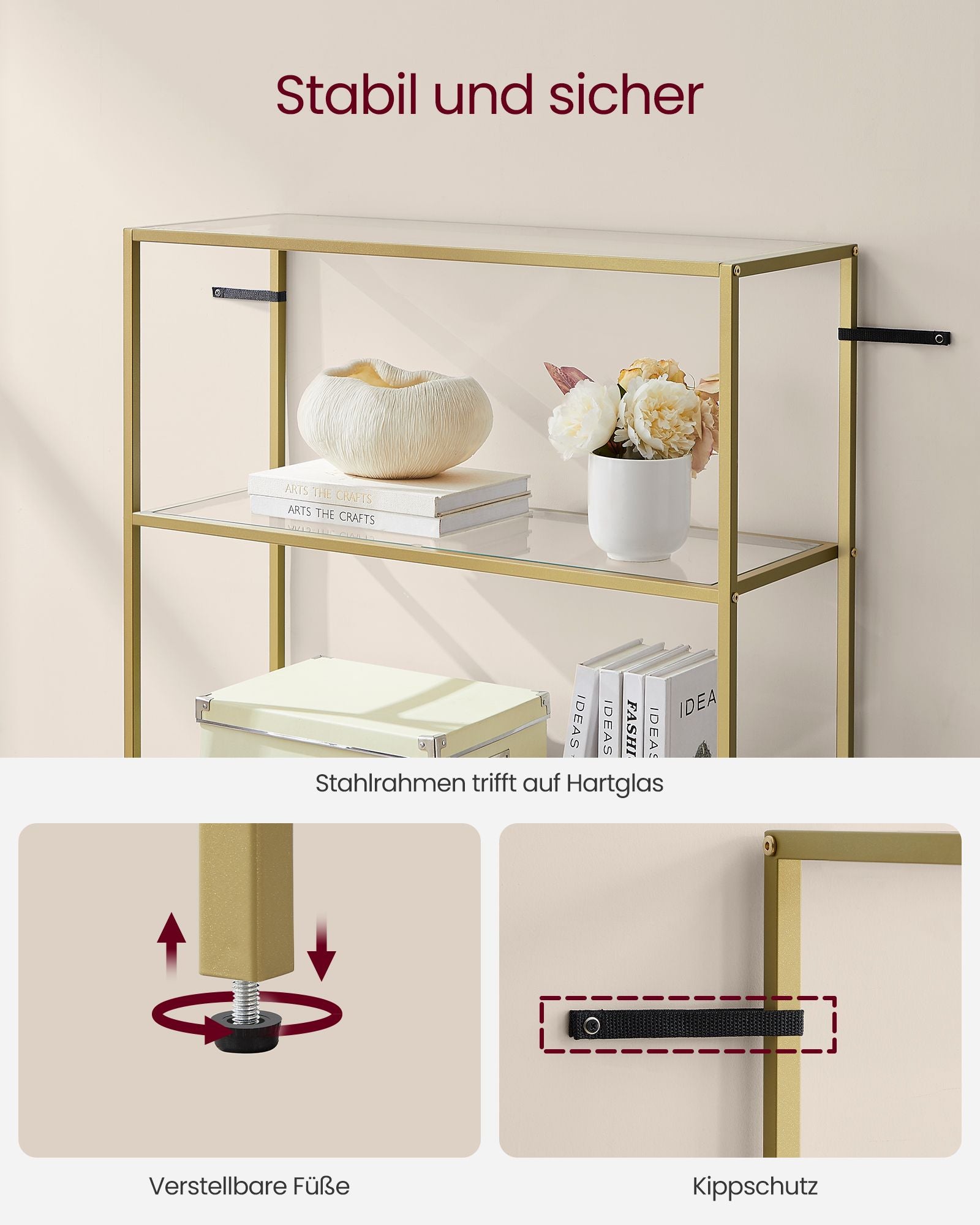 Badezimmerregal - geschmittertes Glas - transparent - Metallic Gold