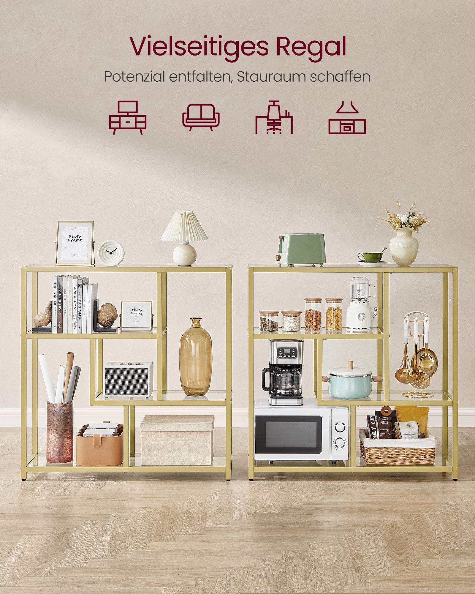 Bücherregal mit 4 Regalen transparent-bloßes Gold
