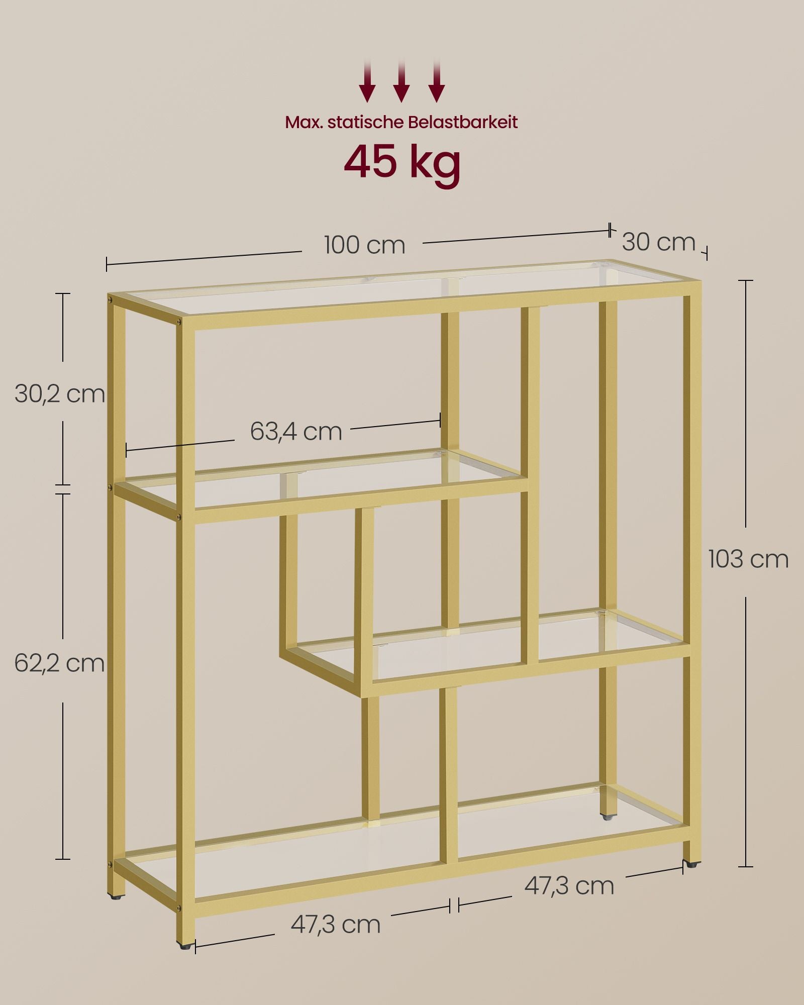 Bücherregal mit 4 Regalen transparent-bloßes Gold
