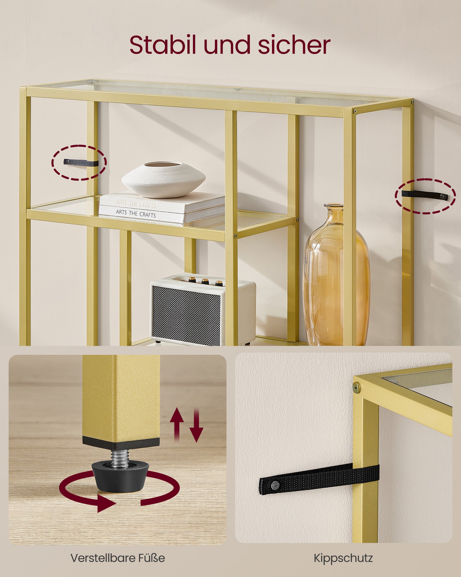 Bücherregal mit 4 Regalen transparent-bloßes Gold