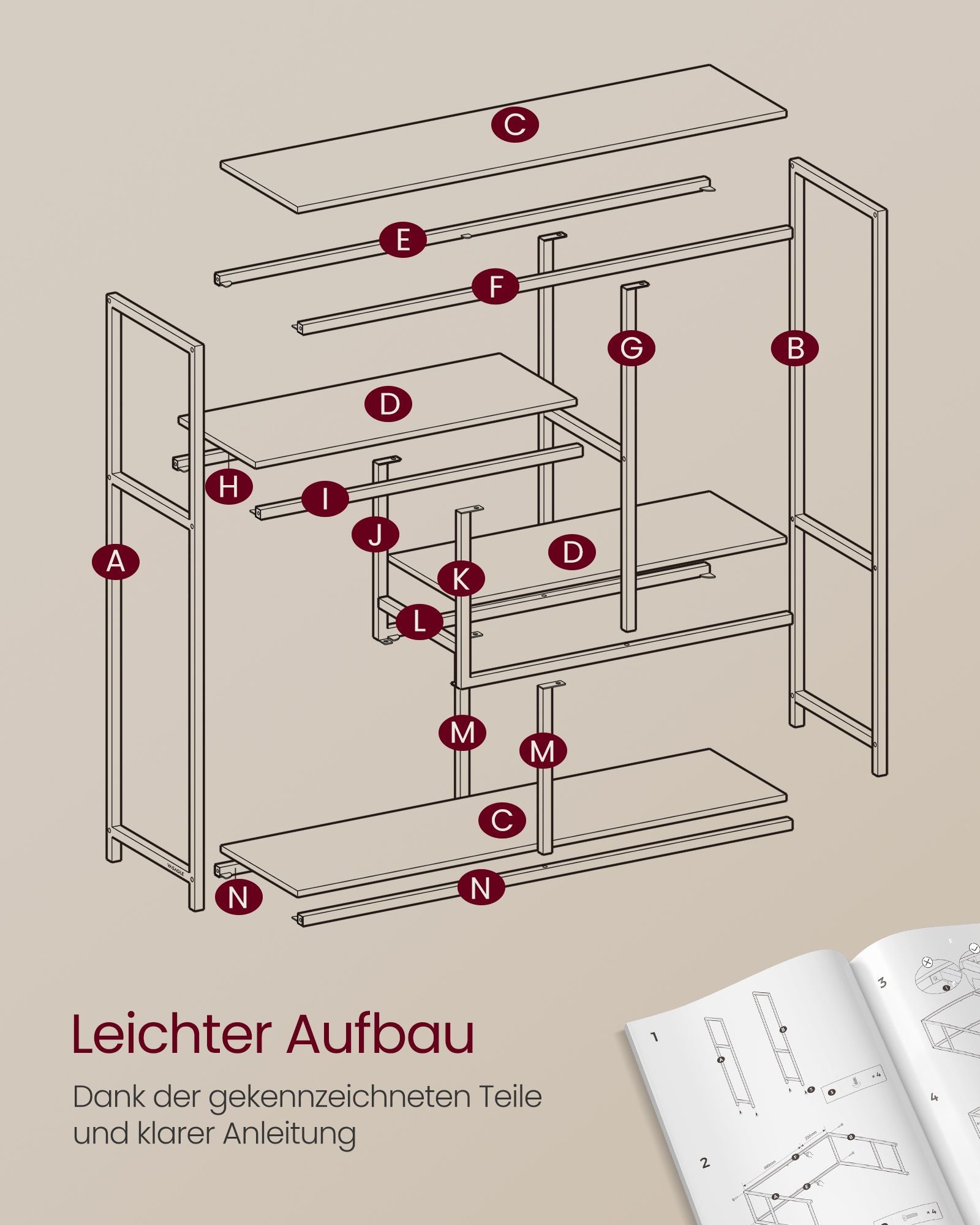 Bücherregal mit 4 Regalen transparent-bloßes Gold